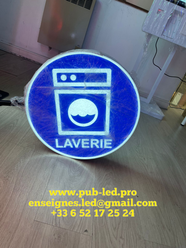 Enseignes Lumineuse Laverie LED double faces avec potence de fixation et Transfo Etanche, pret a installer 50cm de Dia