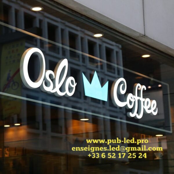 ENSEIGNE LUMINEUSE LED LETTRES BOITIERS 3D “OSLO COFFE” EXTERNE 40cm DE HAUTEUR