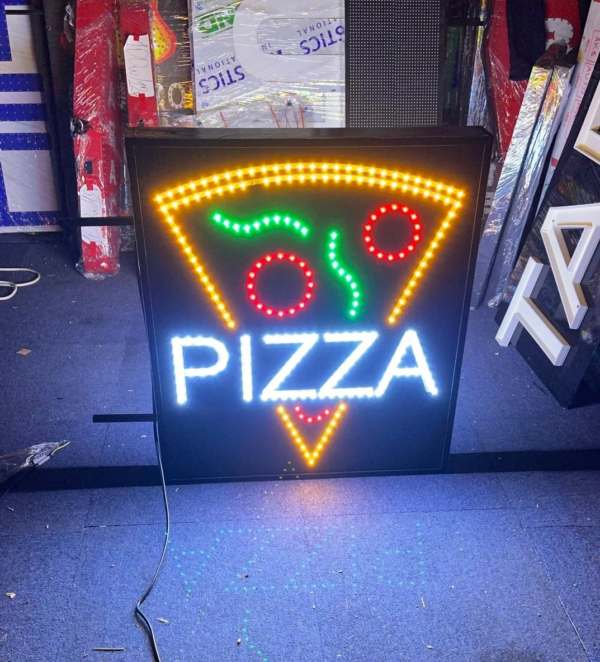 ENSEIGNE LUMINEUSE LED DOUBLE FACES “PIZZA” EXTERNE PRÊT À INSTALLER AVEC ANIMATION ET TÉLÉCOMMANDE 70×70 cm