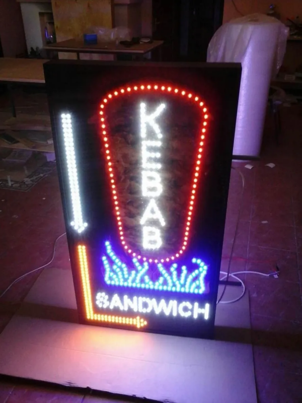 ENSEIGNE LUMINEUSE LED DOUBLE FACES “KEBAB SANDWICH” EXTERNE PRÊT À INSTALLER AVEC ANIMATION ET TÉLÉCOMMANDE 130X65cm